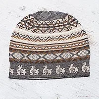 Alpaca blend knit hat, 'Alpaca Mountain' - Off-White Brown and Grey Diamond Motif Alpaca Blend Knit Hat