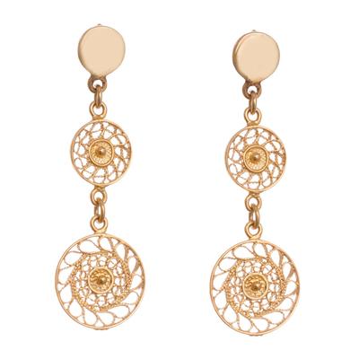 Gold plated filigree dangle earrings, 'Circular Glimmer' - Circular Gold Plated Sterling Silver Filigree Earrings