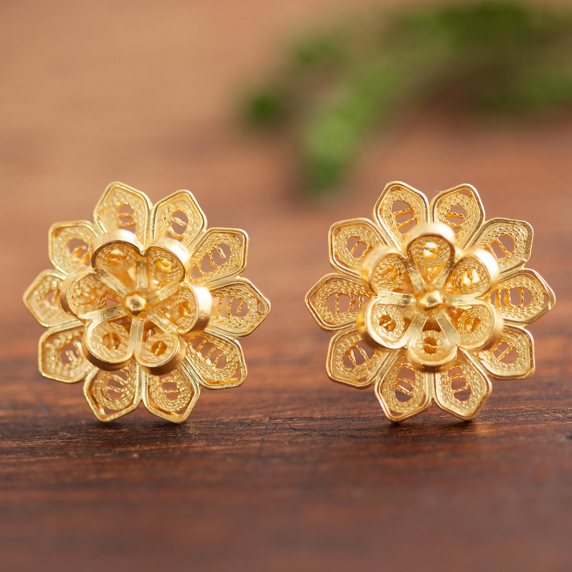 Floral Gold Plated Sterling Silver Filigree Button Earrings - Fantasy 