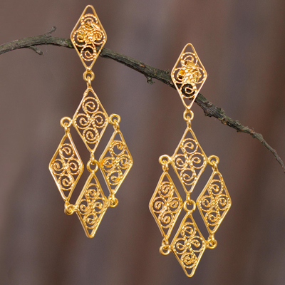 Gold plated filigree dangle earrings, Colonial Geometry
