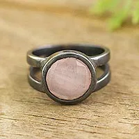 Rose quartz signet ring, 'Soft Circle' - Oxidized Rose Quartz Signet Ring from Peru