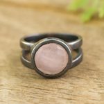 Rose quartz cocktail ring, 'Soft Circle' - Oxidized Rose Quartz Ring from Peru