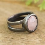 Rose quartz cocktail ring, 'Soft Circle' - Oxidized Rose Quartz Ring from Peru
