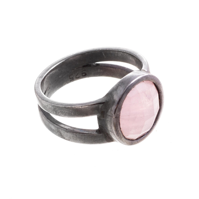 Rose quartz cocktail ring, 'Soft Circle' - Oxidized Rose Quartz Ring from Peru