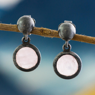 Rose quartz dangle earrings, 'Soft Circles' - 8-Carat Rose Quartz Dangle Earrings from Peru
