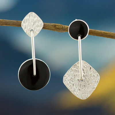 Obsidian dangle earrings, 'Midnight in Motion' - Obsidian and Textured Sterling Silver Dangle Earrings