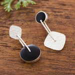 Obsidian dangle earrings, 'Midnight in Motion' - Obsidian and Textured Sterling Silver Dangle Earrings
