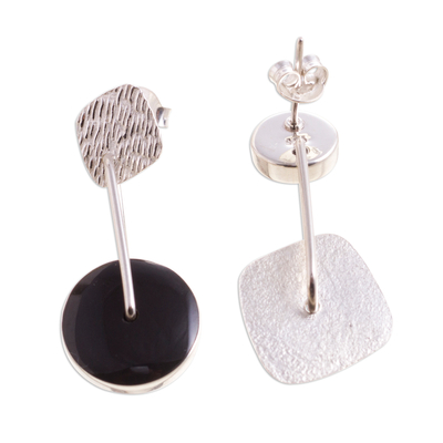 Obsidian dangle earrings, 'Midnight in Motion' - Obsidian and Textured Sterling Silver Dangle Earrings