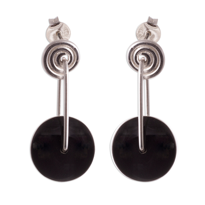Obsidian dangle earrings, 'Mesmerizing Midnight' - Obsidian Circle and Sterling Silver Spiral Dangle Earrings