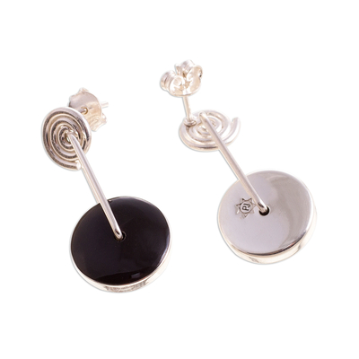 Obsidian dangle earrings, 'Mesmerizing Midnight' - Obsidian Circle and Sterling Silver Spiral Dangle Earrings
