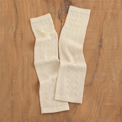 100% baby alpaca fingerless mitts, 'Luscious Twist in Alabaster' - Off-White 100% Baby Alpaca Cable Knit Fingerless Mitts