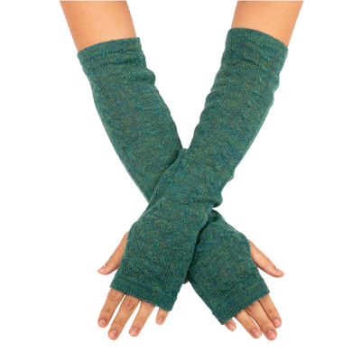 100% baby alpaca fingerless mitts, 'Luscious Twist in Emerald' - Green 100% Baby Alpaca Cable Knit Fingerless Mitts