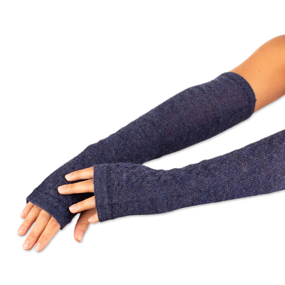 Navy 100% Baby Alpaca Cable Knit Fingerless Mitts from Peru
