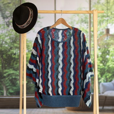 Alpaca blend sweater, 'Make Waves' - Cranberry and Blue Wavy Vertical Stripe Alpaca Blend Sweater