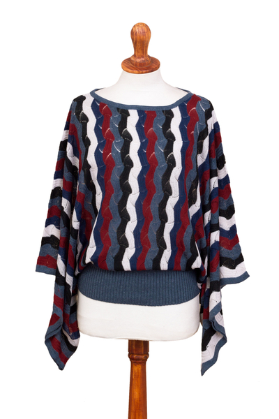 Cranberry and Blue Wavy Vertical Stripe Alpaca Blend Sweater