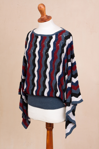 Jersey en mezcla de alpaca - Suéter de mezcla de alpaca con rayas verticales onduladas azul y arándano
