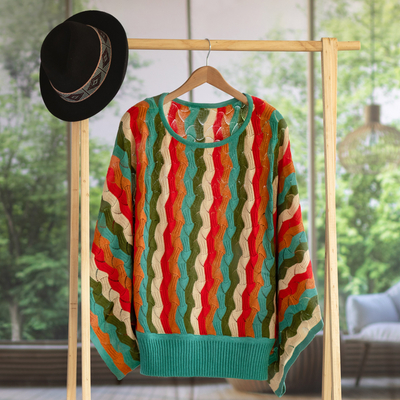 Alpaca blend sweater, 'Tropical Heatwaves' - Green and Scarlet Vertical Stripe Alpaca Blend Sweater