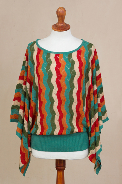 Pullover aus Alpaka-Mischung - Pullover aus Alpaka-Mischung mit vertikalen Streifen in Grün und Scharlachrot