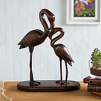 Mahogany wood sculpture, Couple of Flamingos