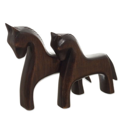 Cedar Wood Mother and Child Horse Sculpture from Peru