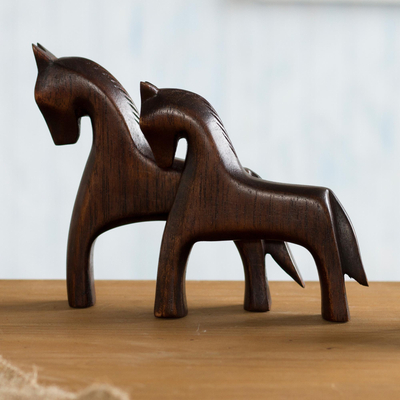 Wood sculpture, 'Mother Horse' - Cedar Wood Mother and Child Horse Sculpture from Peru