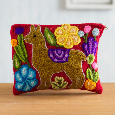 Wool clutch, 'Llama Glam in Honey' - Llama-Themed Embroidered Wool Clutch Bag in Honey