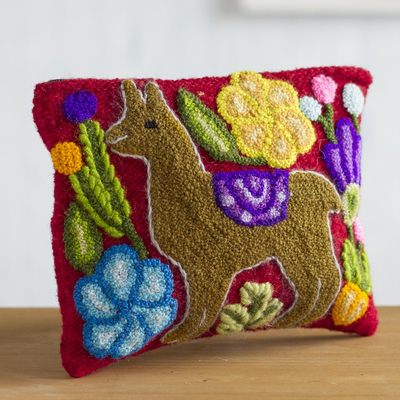 Wool clutch, 'Llama Glam in Honey' - Llama-Themed Embroidered Wool Clutch Bag in Honey