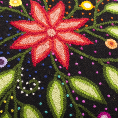 Wool cushion cover, 'Dark Garden' - Floral Embroidered Wool Cushion Cover from Peru