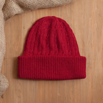 100% alpaca knit hat, 'Comfy in Red' - Crimson Red 100% Alpaca Soft Cable Knit Hat from Peru