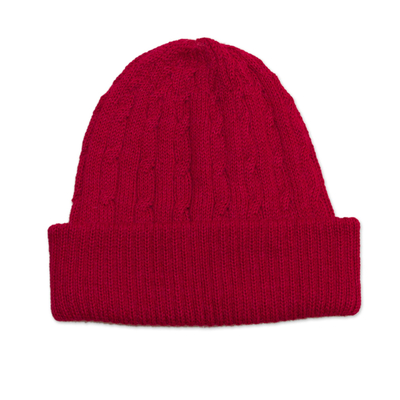 100% alpaca knit hat, 'Comfy in Red' - Crimson Red 100% Alpaca Soft Cable Knit Hat from Peru