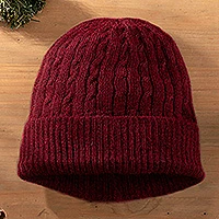 100% alpaca knit hat, 'Comfy in Burgundy' - Cranberry Red 100% Alpaca Soft Cable Knit Hat from Peru