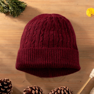 100% alpaca knit hat, 'Comfy in Burgundy' - Cranberry Red 100% Alpaca Soft Cable Knit Hat from Peru