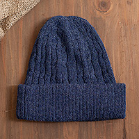 Indigo Blue 100% Alpaca Soft Cable Knit Hat from Peru,'Comfy in Dark Blue'