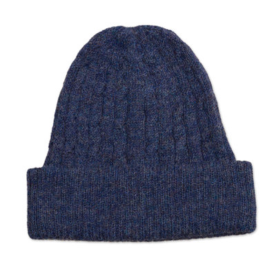 100% alpaca knit hat, 'Comfy in Dark Blue' - Indigo Blue 100% Alpaca Soft Cable Knit Hat from Peru