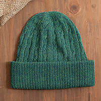 100% alpaca knit hat, 'Comfy in Teal' - Teal 100% Alpaca Cable Pattern Soft Knit Hat From Peru