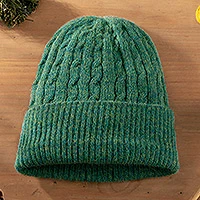 gorro de punto 100% alpaca, 'Comfy in Teal' - Gorro de punto suave con patrón de cable 100% Alpaca Teal de Perú