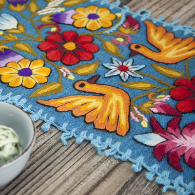 Camino de mesa mezcla de alpaca - Camino de mesa de mezcla de alpaca con motivos florales y de pájaros de Perú