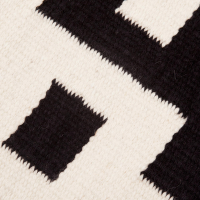 Wool table runner, 'Abstract Forms' - Abstract Black and Alabaster Wool Table Runner from Peru