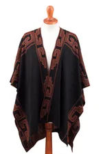 Reversible alpaca blend ruana, 'Inca Afternoon in Black' - Mahogany and Black Alpaca Blend Ruana from Peru