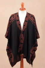 Reversible alpaca blend ruana, 'Inca Afternoon in Black' - Mahogany and Black Alpaca Blend Ruana from Peru
