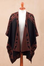 Reversible alpaca blend ruana, 'Inca Afternoon in Black' - Mahogany and Black Alpaca Blend Ruana from Peru