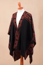 Reversible alpaca blend ruana, 'Inca Afternoon in Black' - Mahogany and Black Alpaca Blend Ruana from Peru
