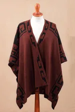 Reversible alpaca blend ruana, 'Inca Afternoon in Black' - Mahogany and Black Alpaca Blend Ruana from Peru