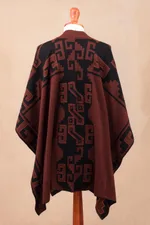 Reversible alpaca blend ruana, 'Inca Afternoon in Black' - Mahogany and Black Alpaca Blend Ruana from Peru