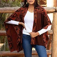 Ruana reversible de mezcla de alpaca, 'Tarde Inca en Russet'