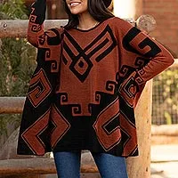 Alpaca blend poncho, 'Inca Contrast' - Black and Russet Alpaca Blend Poncho from Peru