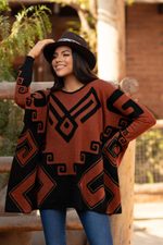 Alpaca blend poncho, 'Inca Contrast' - Black and Russet Alpaca Blend Poncho from Peru