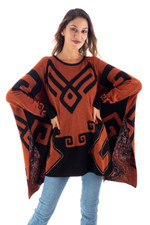 Alpaca blend poncho, 'Inca Contrast' - Black and Russet Alpaca Blend Poncho from Peru