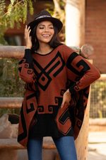 Alpaca blend poncho, 'Inca Contrast' - Black and Russet Alpaca Blend Poncho from Peru