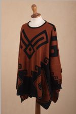 Alpaca blend poncho, 'Inca Contrast' - Black and Russet Alpaca Blend Poncho from Peru